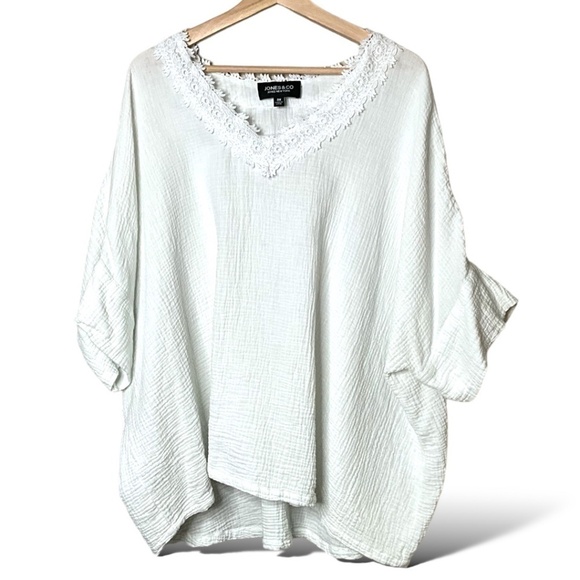 JONES & CO White Slub Textured 100% Cotton Lace Trim Batwing Short Sleeves 3X - Picture 4 of 10
